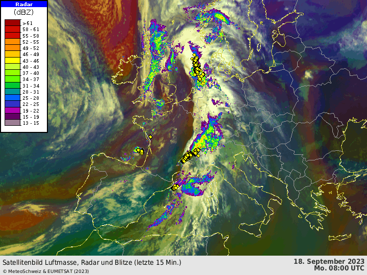 Figure 2: image satellite et radar entre lundi 08 UTC et 14 UTC (16h locale). Les impacts de foudre sont représentés avec des losanges jaunes.  