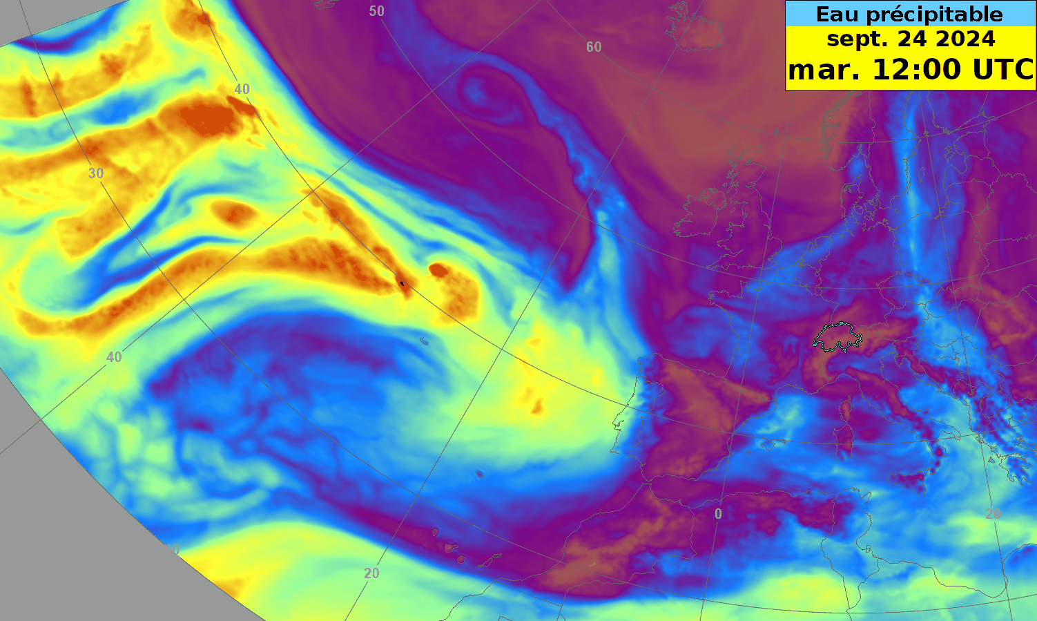 Total de l’eau précipitable dans l’atmosphère du modèle IFS-HRES. Les couleurs violettes montrent l’ai sec, les couleurs jaune et rouge l’air contenant plus d’eau. 