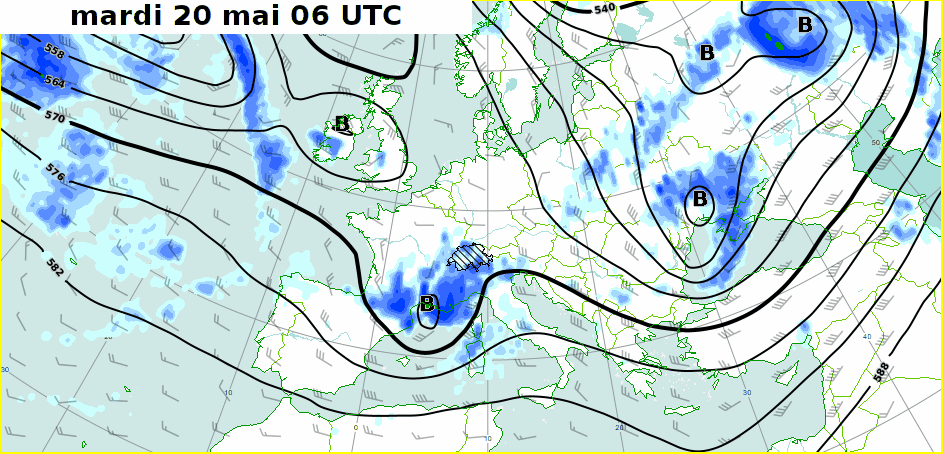 Animation du géopotentiel et du vent à 500 hPa (environ 5500 m d’altitude) et des précipitations, entre mardi 6h UTC et vendredi 6h UTC. Modèle IFS/ECMWF. 