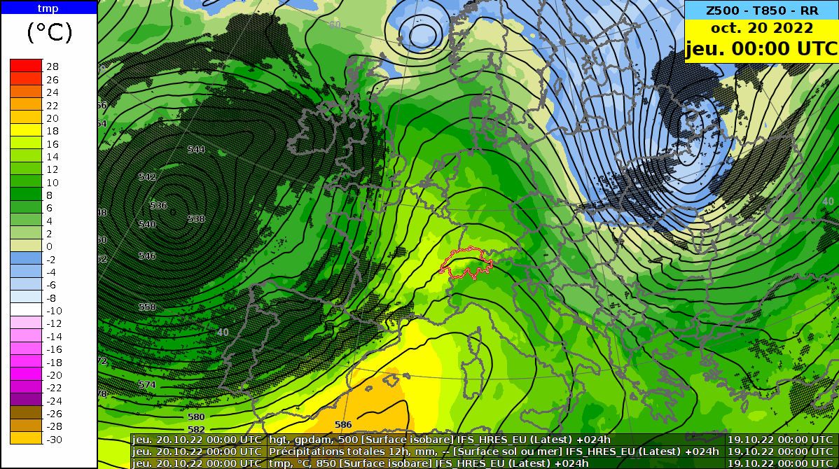 Figure 4 : Géopotentiel à 500 hPa (contours noirs, en décamètres), température à 850 hPa (couleurs, en °C) et précipitations (zones grises) du 19.10.2022 00 h UTC au 24.10.2022 00 h UTC. Modèle IFS.