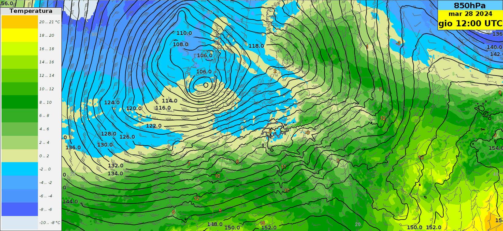 Fig. 7 : Hauteur du géopotentiel (lignes pleines) à 850 hPa, vent (barbules) et températures (couleurs) à la même altitude prévus par le modèle ECMWF entre le jeudi 28 mars à 12h00 et le mardi 2 avril à 00h00.
