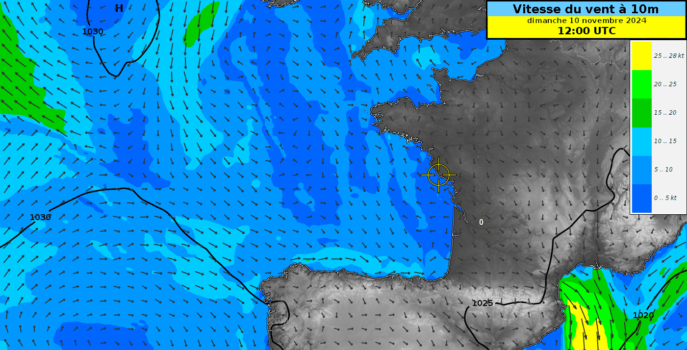 Animation de la prévision du vent moyen du modèle IFS entre dimanche 10 novembre 12h UTC et mardi 12 novembre 9h UTC. Dès lundi matin, le vent fraîchira dans le golfe de Gascogne