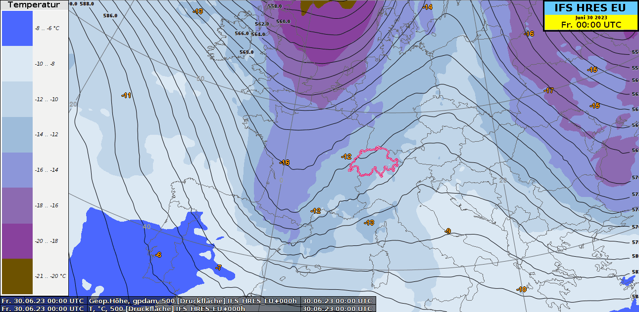 Carte météo d'altitude animée toutes les 3 heures à 500 hPa (env. 5700 m) de vendredi 00 UTC à samedi 12 UTC à partir du modèle de prévision européen. En couleur, la température, en isolignes noires,  le géopotentiel (pression en alitude).
