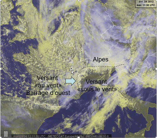 Exemple de "barrage d'ouest" le 24 avril 2012 visualisé grâce à une animation satellite image visible.