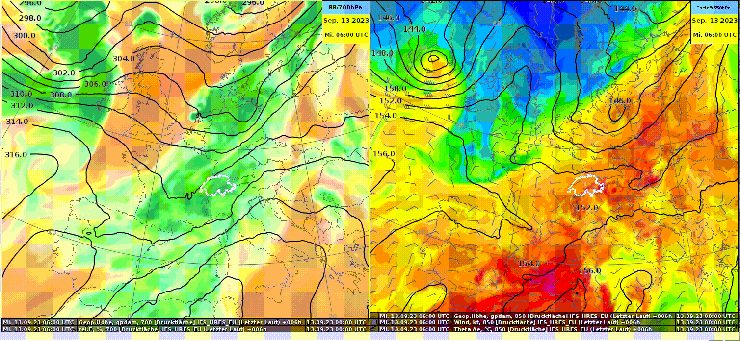 Animation du mercredi 00 UTC au jeudi 12 UTC. A gauche, l'humidité et le géopotentiel à 700 hPa (environ 3000 mètres). A droite, le géopotentiel, le vent et le ThetaE (une mesure de l'humidité et de la température d'une masse d'air) à 850 hPa (environ 1500 mètres).