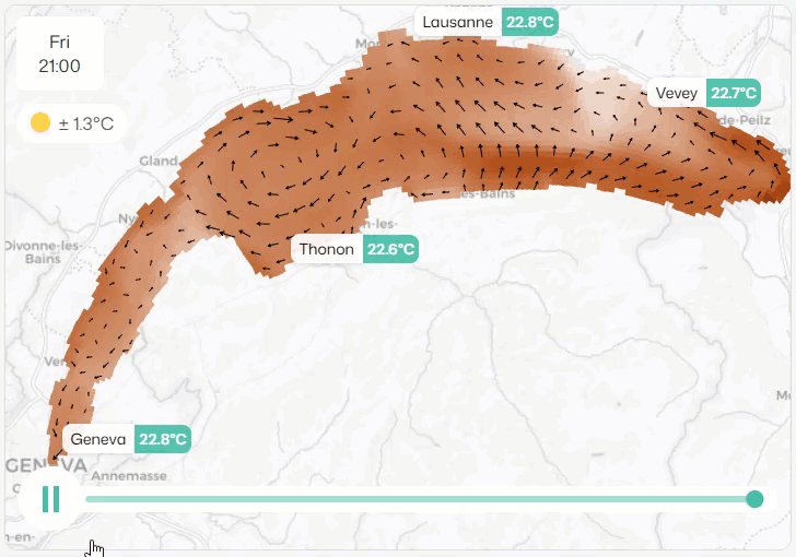 Figure 6. Animation de la température de l’eau du Léman, de la force et direction du courant de surface. L'animation montre la période entre le dimanche 6 juillet (observation) et le vendredi 11 juillet 2025 (prévision).  En bleu, température de l’eau inférieure à 20 °C (en bleu foncé, température inférieure à 15 °C). 