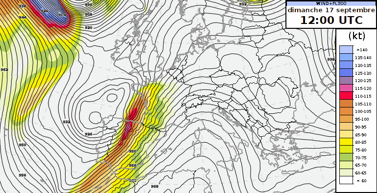 Géopotentiel (courbes noires) et force du vent à 300 hPa (environ 9000 m d'altitude, plages de couleurs, en kt) de dimanche 17 à dimanche 24 septembre prévus par le modèle européen.