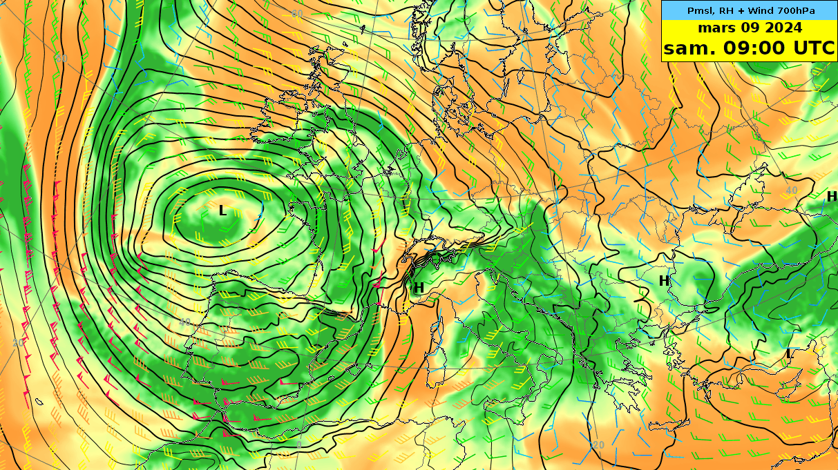 Animation pression au sol, humidité et vent à 700 hPa (environ 3000 m), modèle IFS. Source : ECMWF, MeteoSuisse