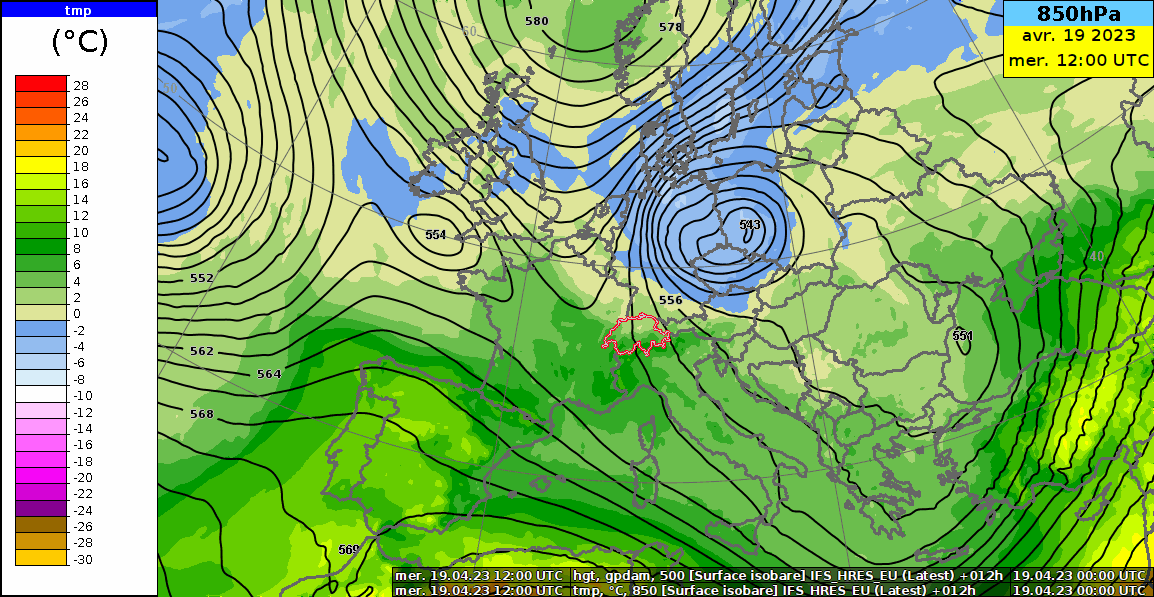 Figure 1. Géopotentiel (en décamètres) à 500 hPa (= pression vers 5500 m, contours noirs) et température (en °C) à 850 hPa (vers 1500 m, couleurs) du mercredi 19 avril 12 h UTC au vendredi 21 avril 2023 12 h UTC.