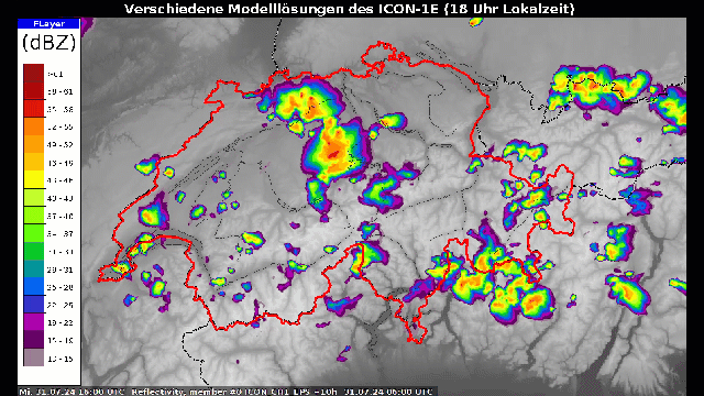 Extrait de carte de la Suisse avec les réflectivités radar simulées en couleur.
