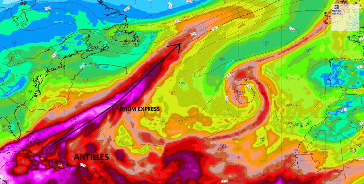 Champs "eau précipitable" (représentant le contenu en eau de l'atmosphère) et pression réduite au niveau de la mer, modèle ECMWF. 15.11.21 00h.