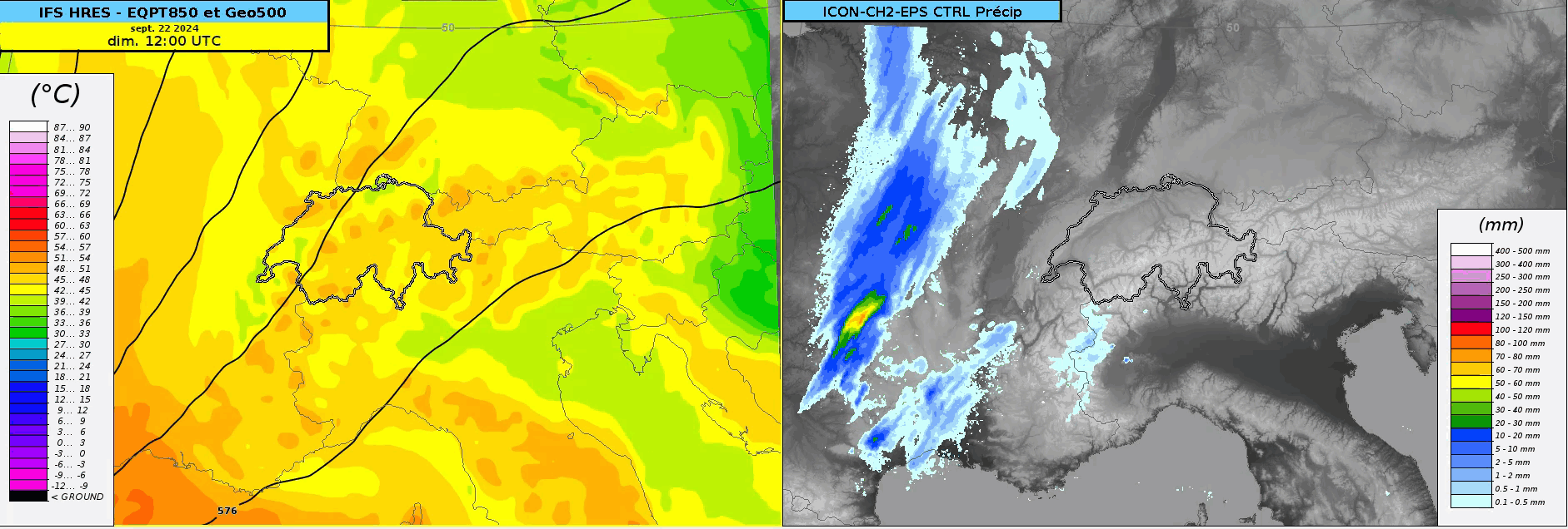 À gauche, température équivalente potentielle à 850 hPa (environ 1500 m) et altitude géopotentielle à 500 hPa (lignes noires) du modèle IFS-HRES. À droite, précipitation du modèle ICON-CH2-CTRL. Animation entre dimanche 14 heures locale et mardi 14 heures locale. 