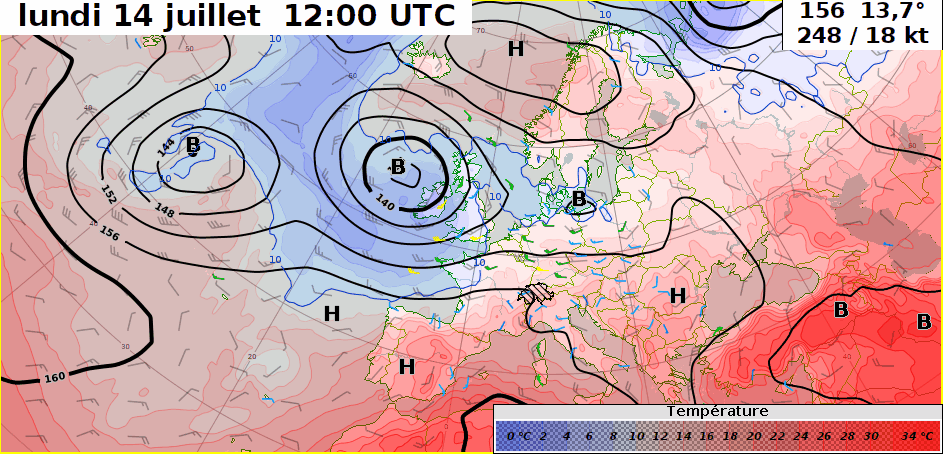 Animation de la prévision du niveau 850 hPa (~1500 m) entre lundi 14 juillet et mardi 22 juillet. En noir, les isohypses. En bleu et rouge, les tempértures. 