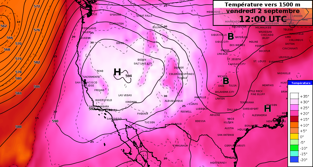 Prévision du modèle IFS haute résolution pour les prochains jours. En noir, les isohypses prévus au niveau 500 hPa, en couleur les températures au niveau 850 hPa. Source : ECMWF - MétéoSuisse