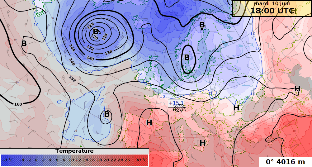 Prévision du modèle de contrôle IFS au niveau 850 hPa (~1500 m d'altitude) et de l'isotherme 0 °C pour les 7 prochains jours. La température vers 1500 m au-dessus de Payerne sera maximale vendredi soir avec 20,7 °C tandis que l'isotherme du 0 °C sera à plus de 4500 m dans la nuit de mercredi à jeudi. 