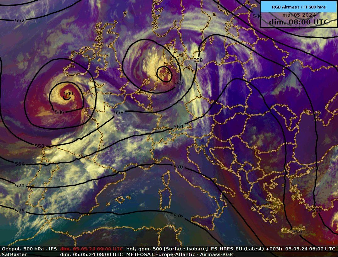 Animation satellite et géopotentiel à 500 hPa (Source: ECMWF, MétéoSuisse)