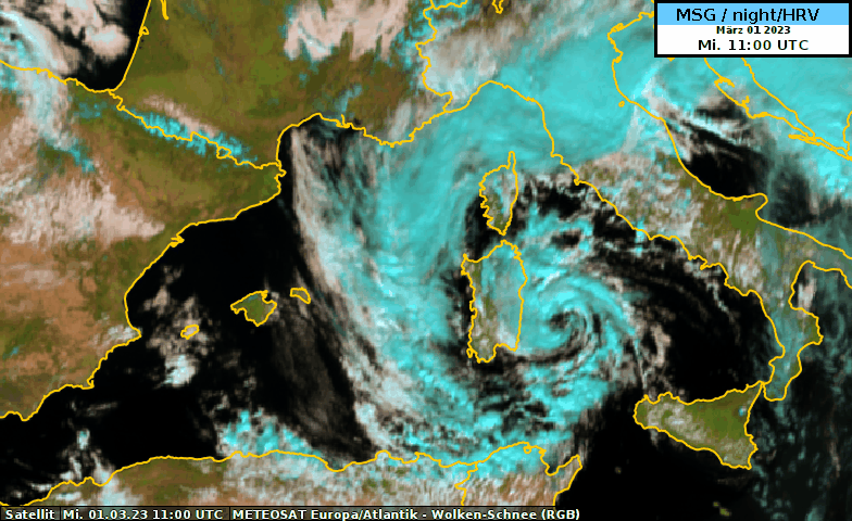 L'animation du canal visible de MeteoSat montre "Juliette" le 01.03.2023 et révèle un petit "œil" au-dessus de la mer Tyrrhénienne au centre de la dépression.