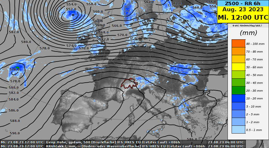 Animation du géopotentiel à 500 hPa (pression vers 5500 m, en décamètres) et cumuls de précipitations en 6 heures (en millimètres) du mercredi 23 août 12 h UTC au lundi 28 août 00 h UTC. Modèle IFS Haute Résolution.