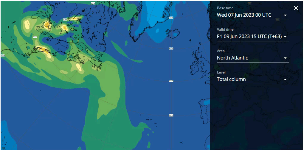 Trajectoire prévue (modèle) du panache de monoxyde de carbone (CO) lié au feux de forêt au canada.