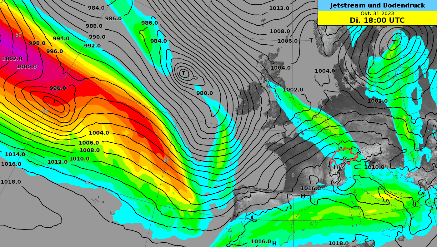 Animation de la pression au sol (isobares noires) et du jet stream à environ 9 km d'altitude (en couleur) du mardi soir 31.10.2023 au jeudi matin 02.11.2023. Ciarán s'est très rapidement transformée en dépression tempêtueuse sous la sortie gauche du jet.