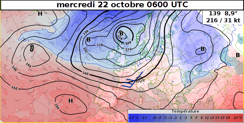 Prévision au niveau 850 hPa (~1500 m) entre mercredi 8 heures locales et vendredi 8 h locales. On voit bien la cyclogénèse tempétueuse sur la Manche et la température qui passe de +10,5° jeudi matin à +1,4° jeudi soir 