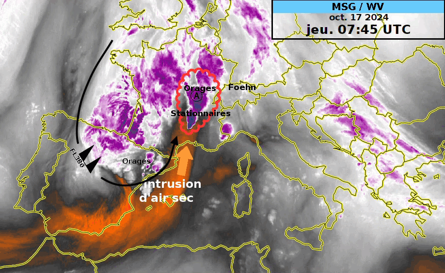 Image satellite Vapeur d'eau montrant les orages stationnaires, l'intrusion d'air sec stratosphérique (tropopause dynamique), le Jet-Stream soulignant la présence d'un talweg