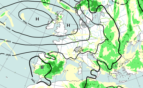 Evolution de l'humidité vers 3000 m (en vert) et de la pression atmosphérique (en courbes noires) de vendredi à lundi minuit.