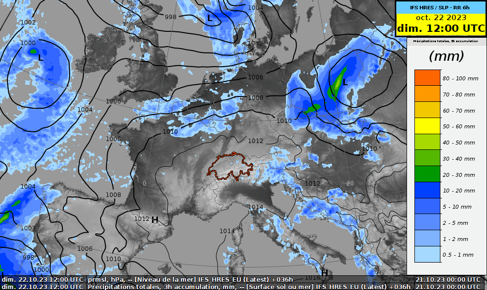 Évolution de la pression réduite au niveau de la mer (en hPa, contours noirs) et cumuls de précipitations sur 6 heures (en mm, zones colorées) du dimanche 22 octobre 12 h UTC au mercredi 12 h UTC. Modèle IFS.