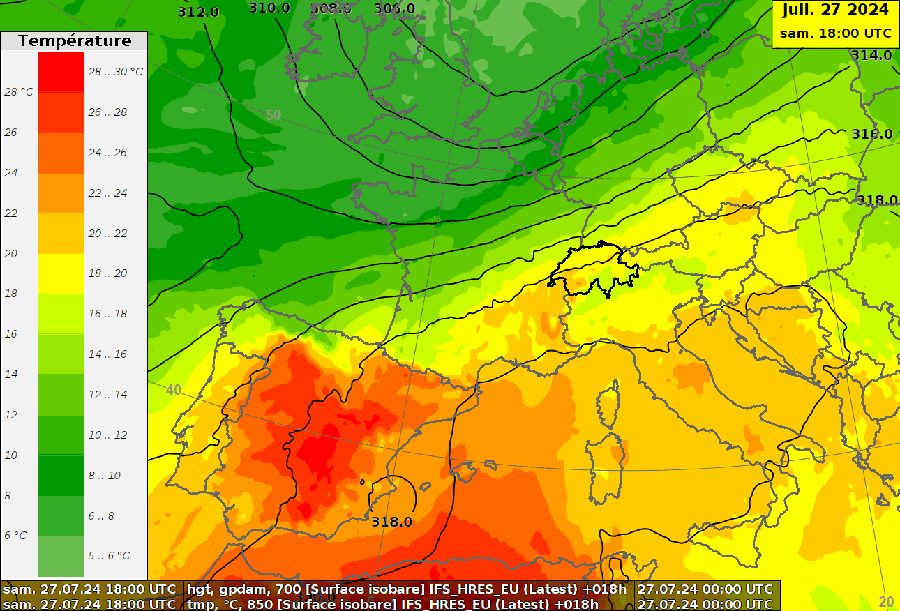 Animation du géopotentiel à 700 hPa (environ 3000 m d'altitude, lignes noires) et de la température à 850 hPa (environ 1500 m d'altitude, couleurs) d'altitude entre le samedi 27 juillet à 20h locale et jeudi 1er août selon le modèle européen ECMWF. On y voit le front froid qui longe le Jura dans la nuit de samedi à dimanche, puis la remontée d'air chaud depuis l'Espagne en début de semaine avant un possible rafraîchissement jeudi.