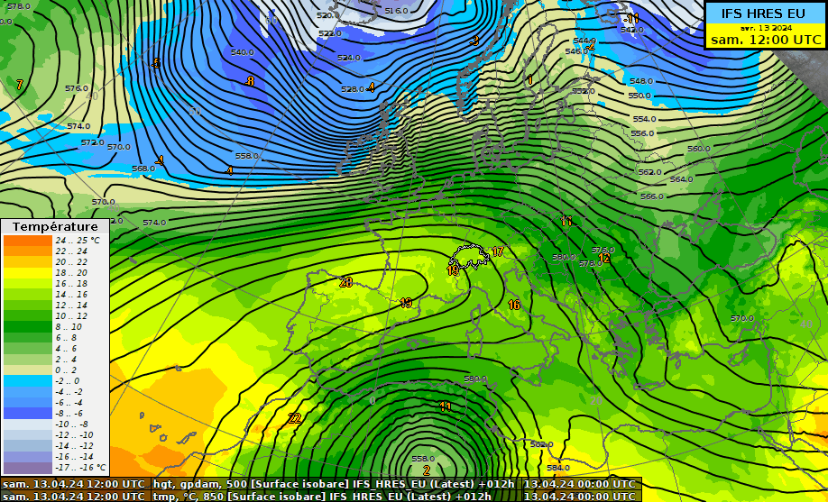 Températures à 850 hPa et géopotentiels à 500 hPa. 