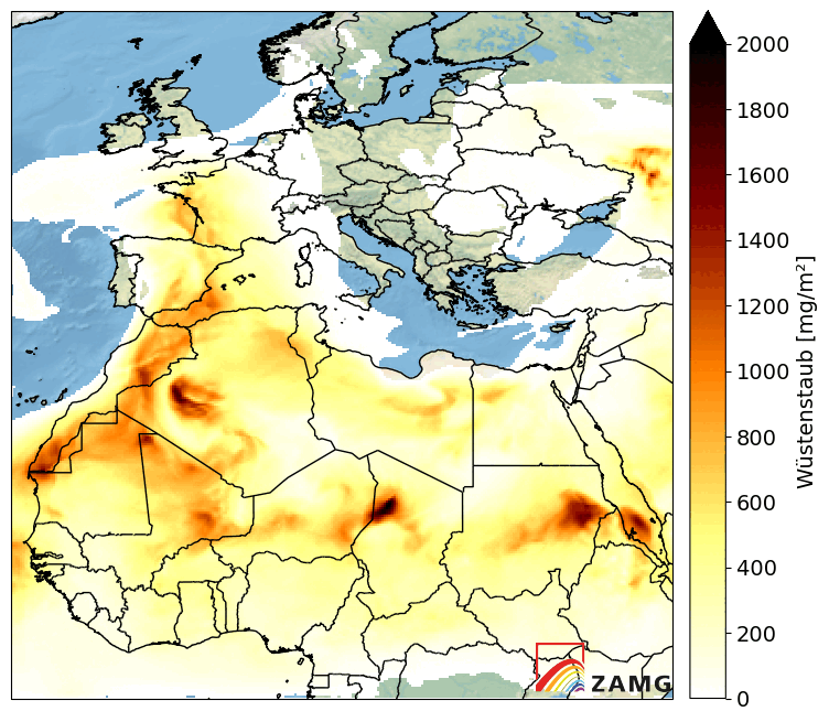 Quantités de poussières sahariennes (intégrées sur toute la colonne d'atmosphère) prévues par le modèle du centre météorologique autrichien de mardi 3h à mercredi minuit.