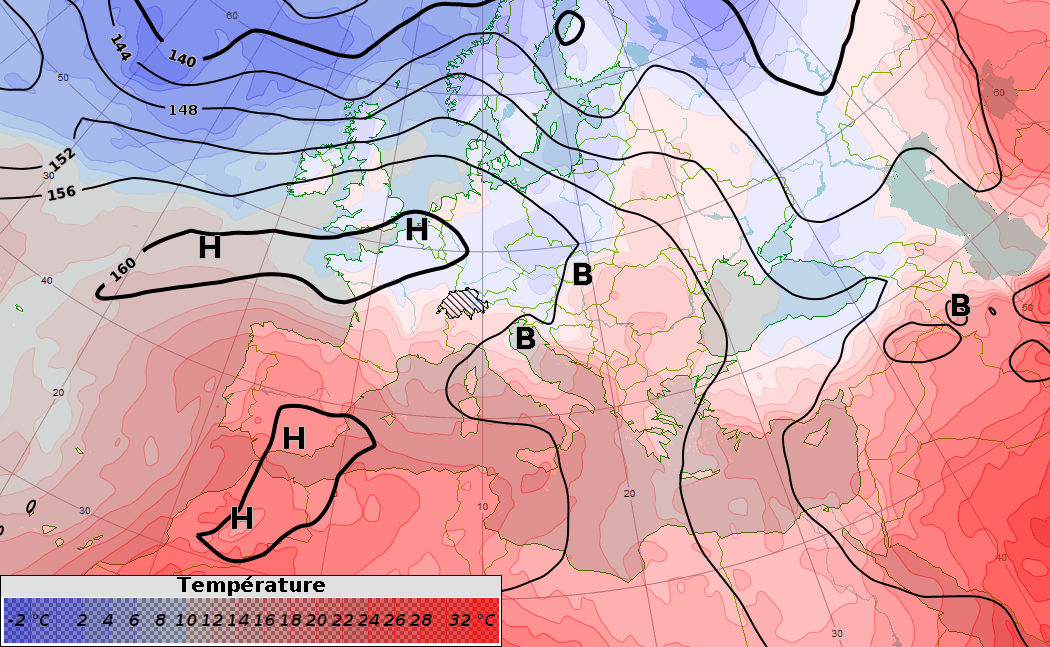 Modélisation de la température en air libre, vers 1500 m (850 hPa, en couleurs) et de la pression réduite au niveau de la mer (isolignes noires) entre mardi 17 et vendredi 20 juin 2025. (Animation : MétéoSuisse / Données : modèle IFS, ECMWF)