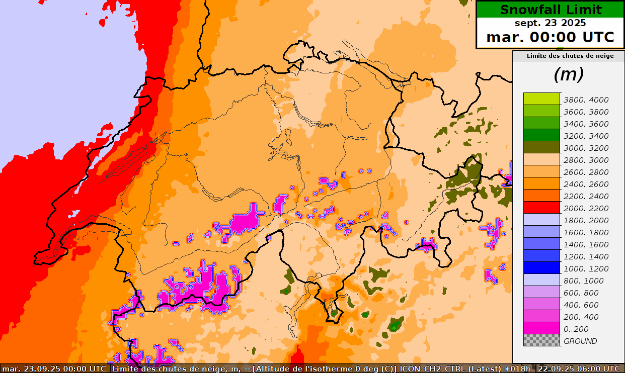 Altitude de la limite pluie-neige du mardi 23 au vendredi 26 septembre. Modèle ICON-2-EPS Contrôle.