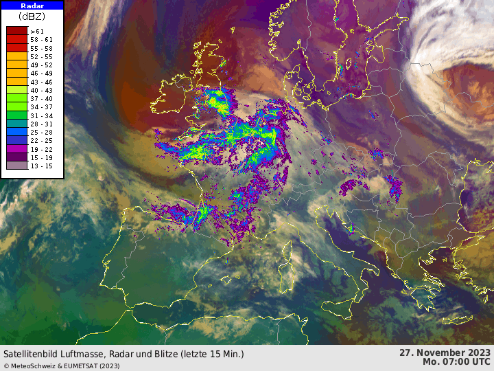 Figure 1 : image satellite et radar du 27 novembre 2023. Les teintes rouges et violettes (p.ex. au nord de la Grande Bretagne) représentent les masses d’air polaire (froid et relativement sec) et les teintes vertes les masses d’air subtropical (chaud et humide). Les zones blanches représentent des nuages épais dont le sommet atteint la haute troposphère et qui peuvent donner des précipitations. La réfléctivité radar (représentant l’intensité des précipitations) est affichée sur les terres et à proximité des côtes, mais pas au large, car en dehors des zones couvertes par les radars. 