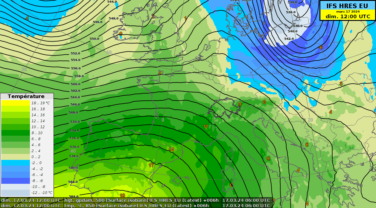 Températures à 850 hPa et géopotentiels à 500 hPa.