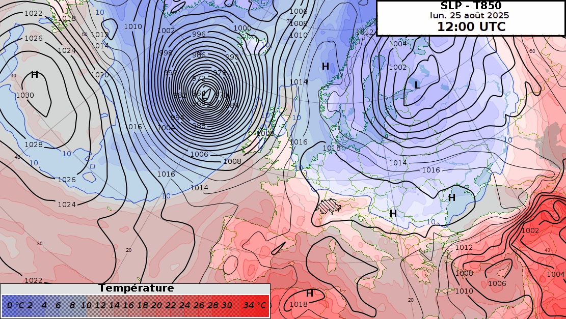 Carte de pression réduite au niveau de la mer (contours noirs, en hPa) et température à 850 hPa (couleurs, en °C, vers 1500 m) du lundi 25.08. 12 h UTC au mercredi 27.08.2025 00 h UTC. Modèle IFS contrôle.