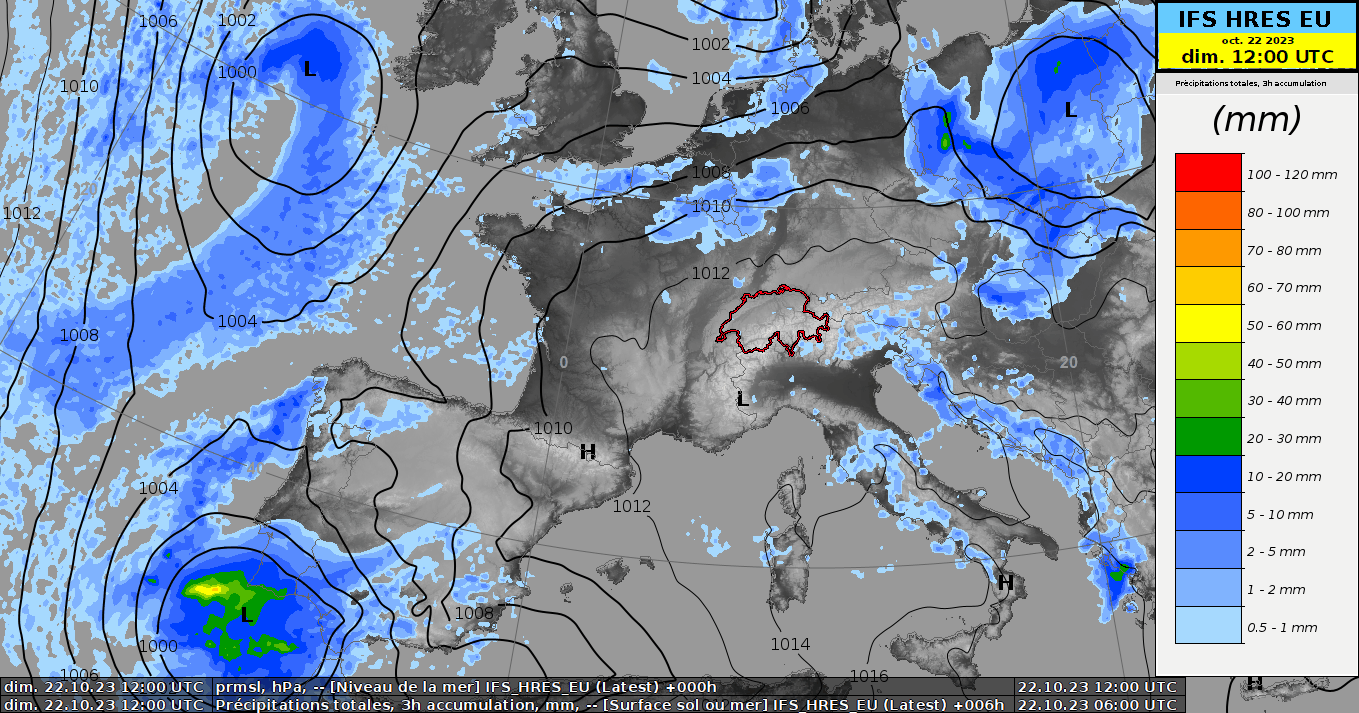 Carte de la pression réduite au niveau de la mer (en hPa, contours noirs) et cumuls de précipitations en 6 heures (en mm, zones bleues) du dimanche 22 octobre 12 h UTC au mercredi 25 octobre 2023 00 h UTC. Modèle IFS Haute Résolution.