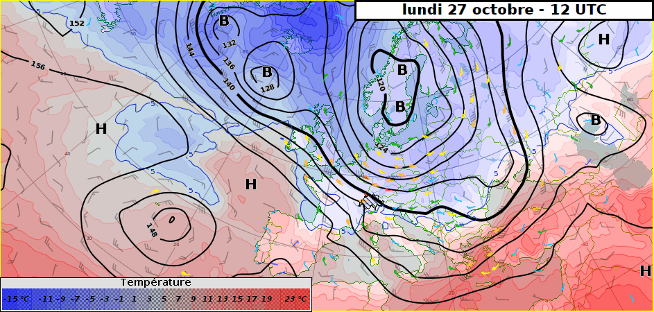 Prévision au niveau 850 hPa (vers 1500 m) pour les 7 prochains jours en Europe