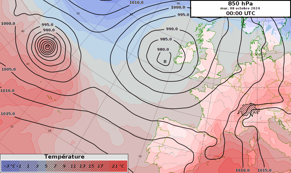 Figure 3 : évolution de la pression réduite au niveau de la mer et de la température à 850 hPa (environ 1500 m d’altitude) du 8 au 10 octobre. 
