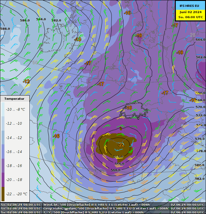 Géopotentiel à la 300 hPa (ligne noires), vitesse et direction du jet-stream (barbules de vent) et températures du sommet des nuages (le violet représente des températures froides, et donc des nuage convectifs montant au sommet de la troposphère) prévus par le membre de contrôle du modèle IFS pour le dimanche 9 juin et le lundi 10 juin. 
