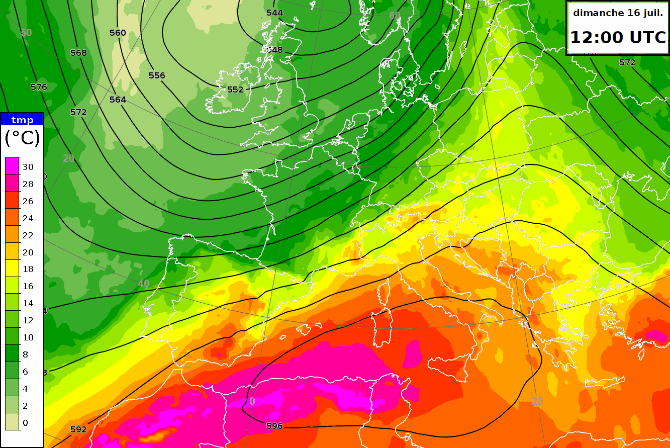 Évolution de la température à 850 hPa et du géopotentiel à 500 hPa - modèle IFS-HRES, ECMWF