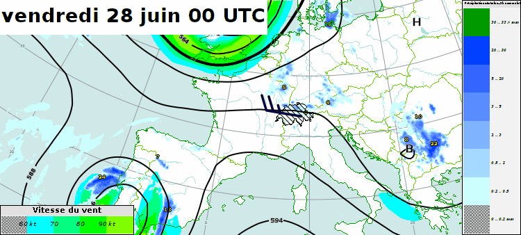 Evolution du géopotentiel (isolignes noires), de la force du vent (plages de couleur) à 500 hPa et des cumuls de pluie sur 6h prévus par le modèle IFS de samedi 20 juin à dimanche 30 juin vers midi.