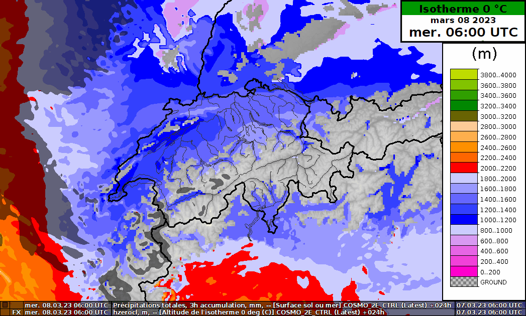 Carte de l'isotherme du 0 degrés du mardi 08.03 au dimanche 12.03.2023.
