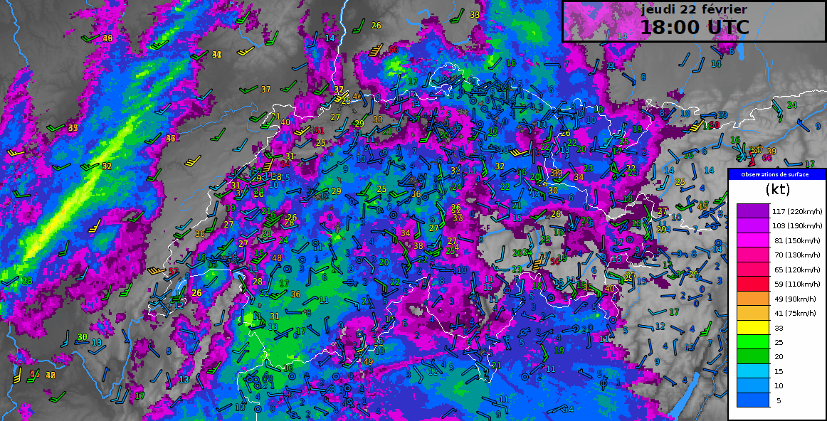 Animation radar de 22 février à 18 UTC au 23 février à 00 UTC avec les vents ainsi que les décharges électriques.
