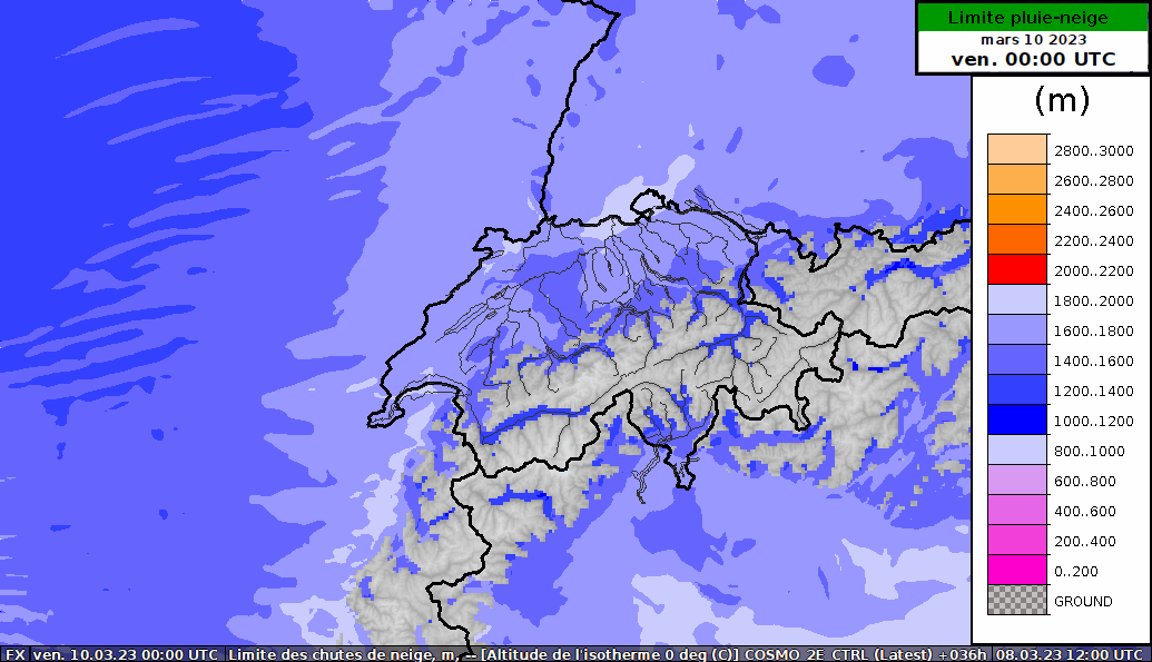 Carte de l'évolution de la limite pluie-neige