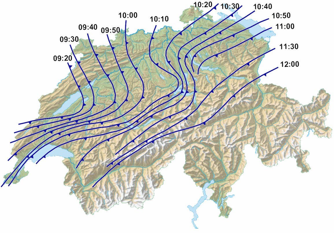déplacement du front froid le 26 décembre 1999 entre 09.20 UTC et 12.00 UTC (10.20 et 13.00 heure locale).