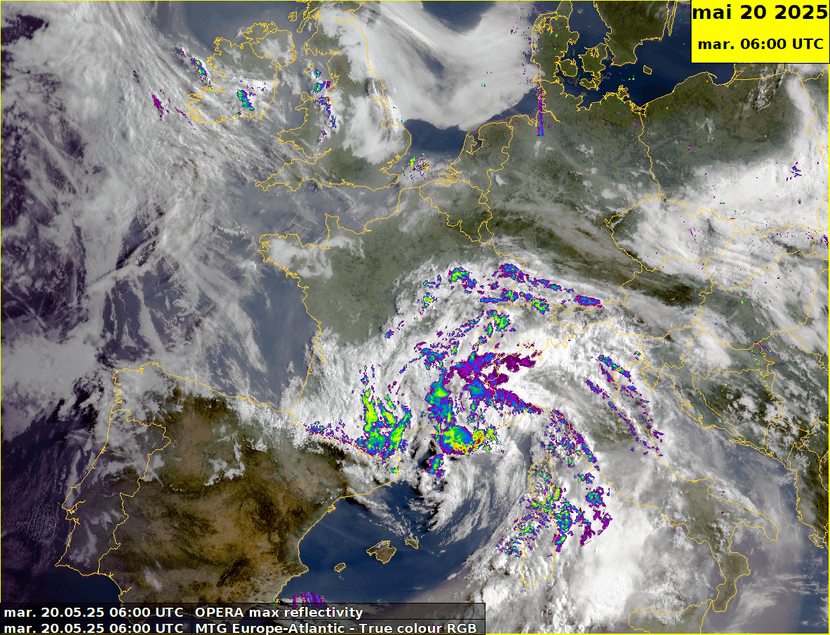 Animation radar superposée aux images satellite, ce matin entre 8h et 11h10. Sources : MTG/EumetSat, MétéoSuisse