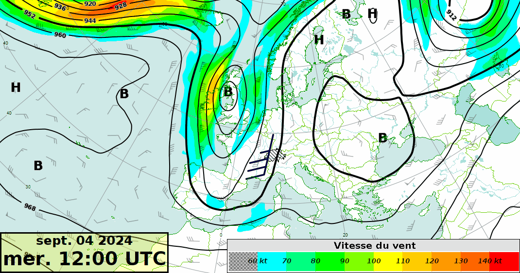 Carte de l'évolution du géopotentiel et du jet stream à 300 hPa (pression et vent vers 9000 m) du mercredi 04.09 12 h UTC au vendredi 06.09.2024 00 h UTC. Modèle IFS Haute Résolution.