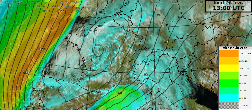 Figure 1 : animation satellite multi-spectrale avec les niveaux à la 300 hPa (env. 9000 m) et le courant jet superposés. On repère le centre dépressionnaire sur la France et le barrage nuageux contre versant le sud des Alpes.
