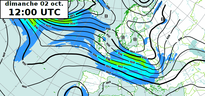 Géopotentiel (isolignes noires) et force du courant-jet en noeuds (plages de couleurs) à 300hPa soit environ 9000 m d'altitude, prévus par le modèle IFS du 2 au 7 octobre.